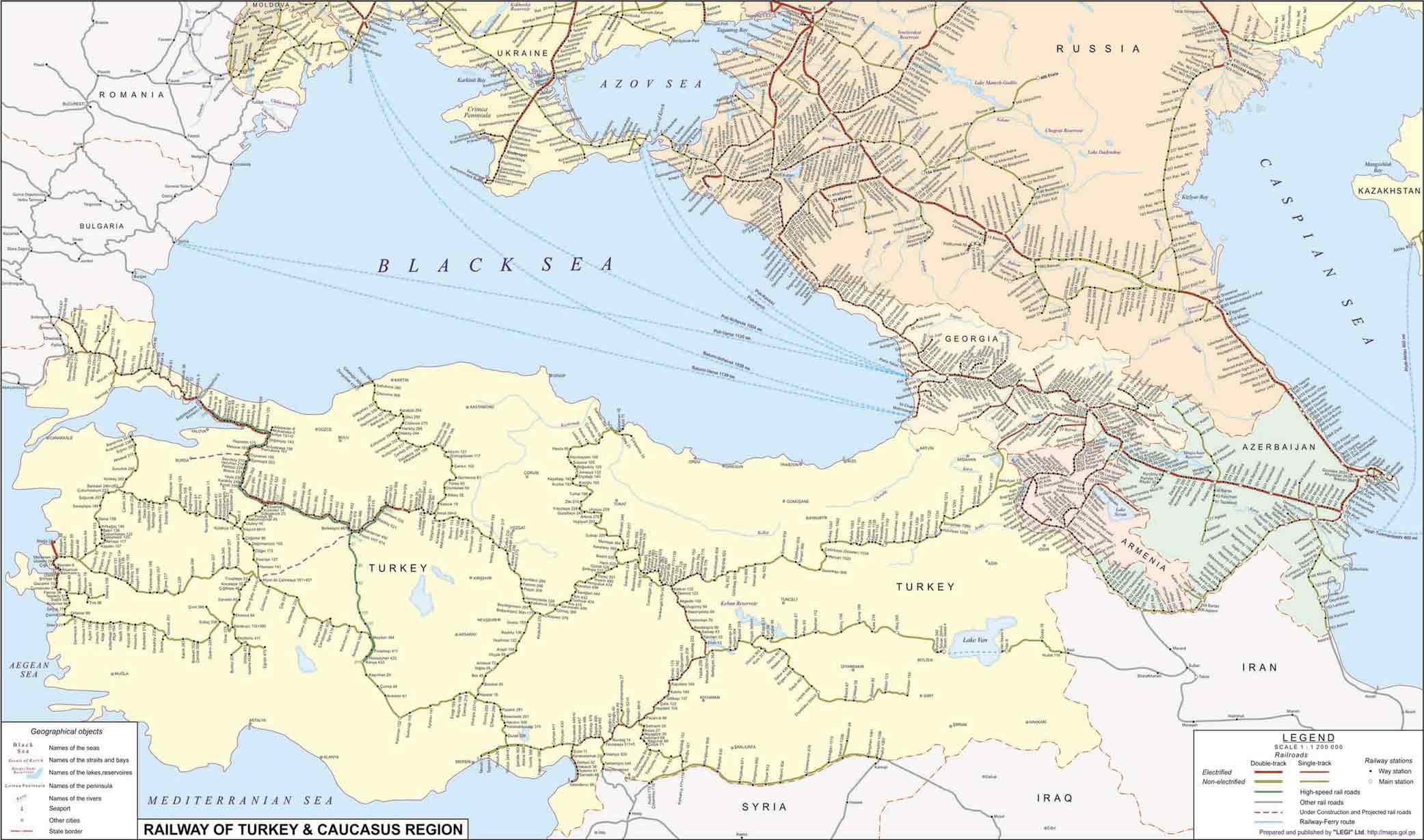 Railway map of Turkey and Caucasus